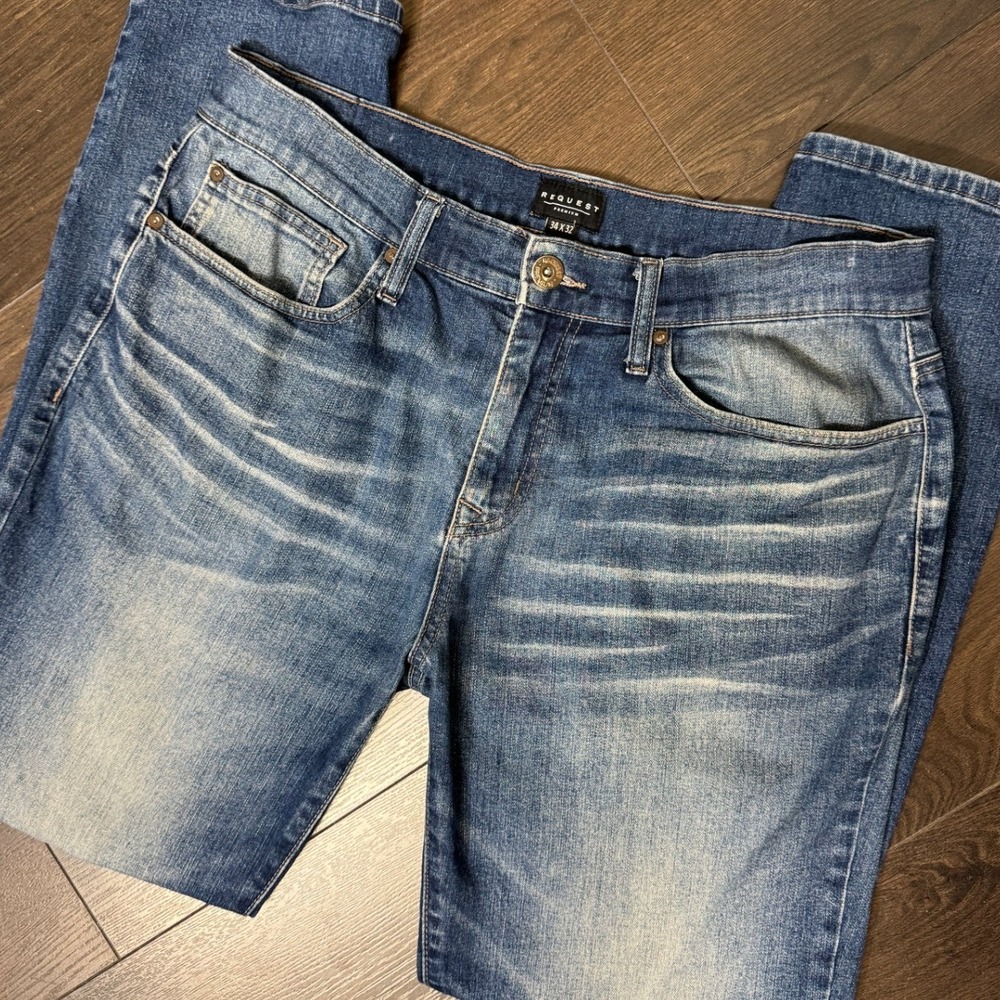Request Jeans Premium Mens Slim Straight 34 Medium Wash Blue Stretch Denim